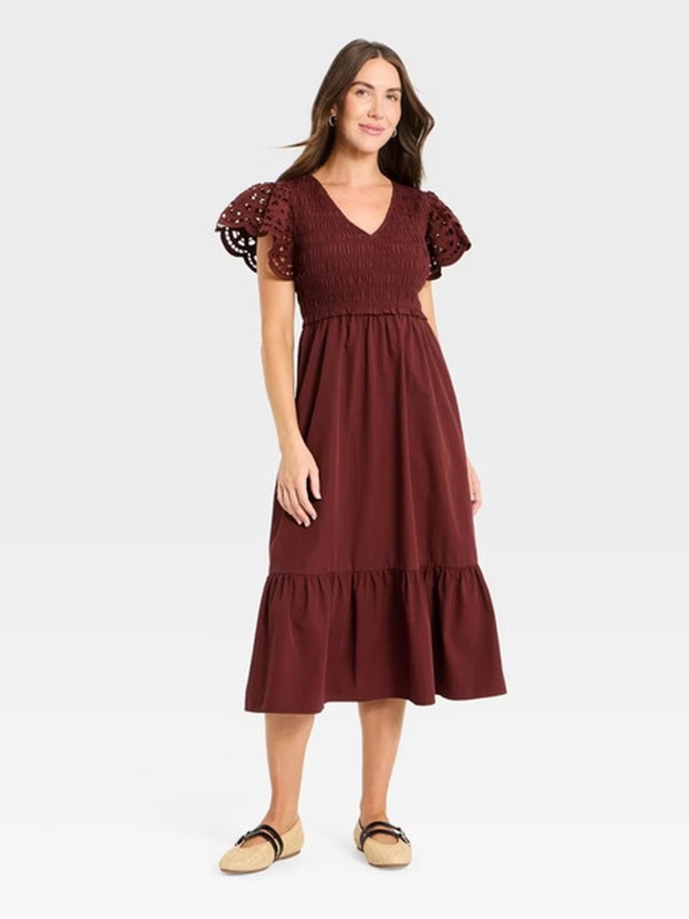 Universal Thread Burgundy Eyelet Lace Sleeve Smocked Midi Dress NWT XS